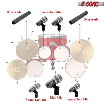 5Core Drum Mic Kit 7 Pcs Kick Basstom Snare Dynamic Mics Instrument Microphone Set BLACK